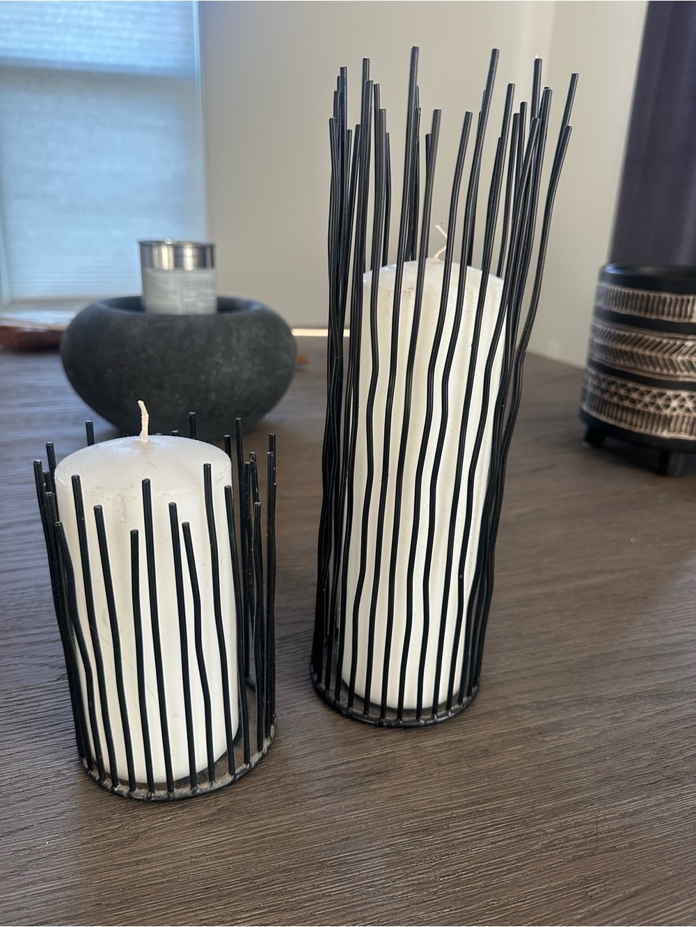 hobby lobby Black Metal Wire Candle Holder with White Pillar Candle - Set of 2